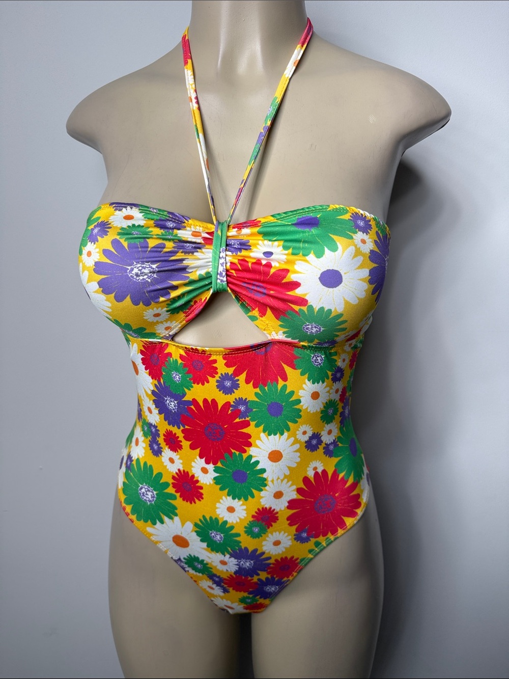 SHEIN Yellow Multicolor Floral Bandeau One-Piece Bodysuit